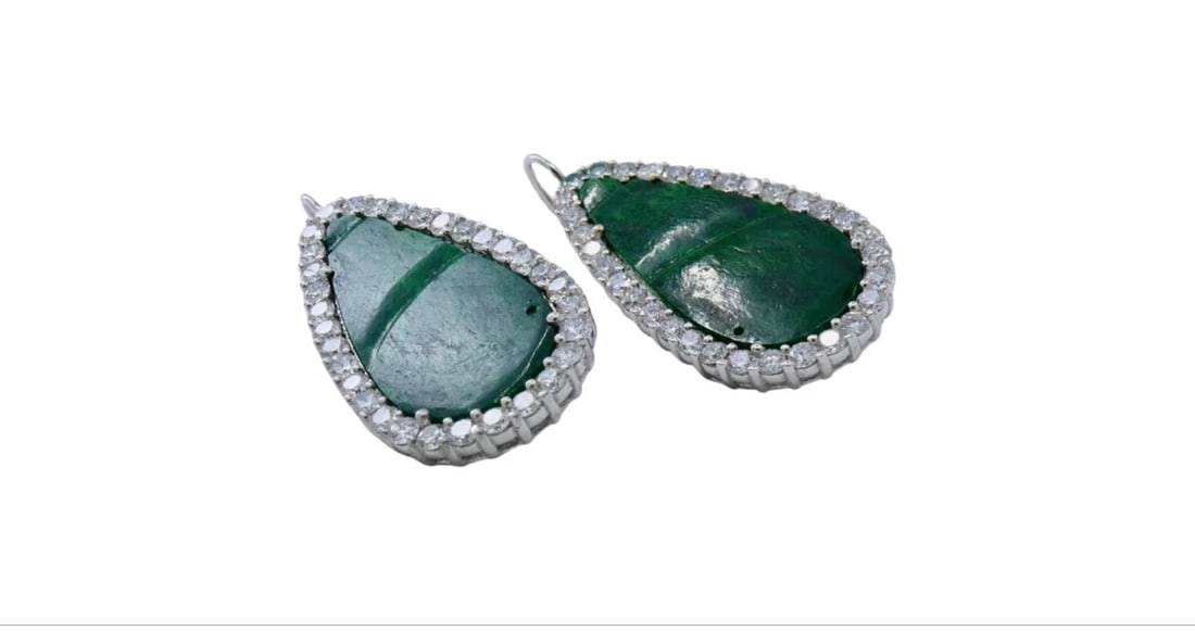 Carved Jadeite Diamond Earrings 18k White Gold - 7