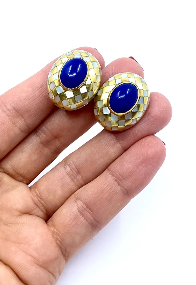 Angela Cummings Earrings Inlaid 18k Gold Lapis Pearl - 2