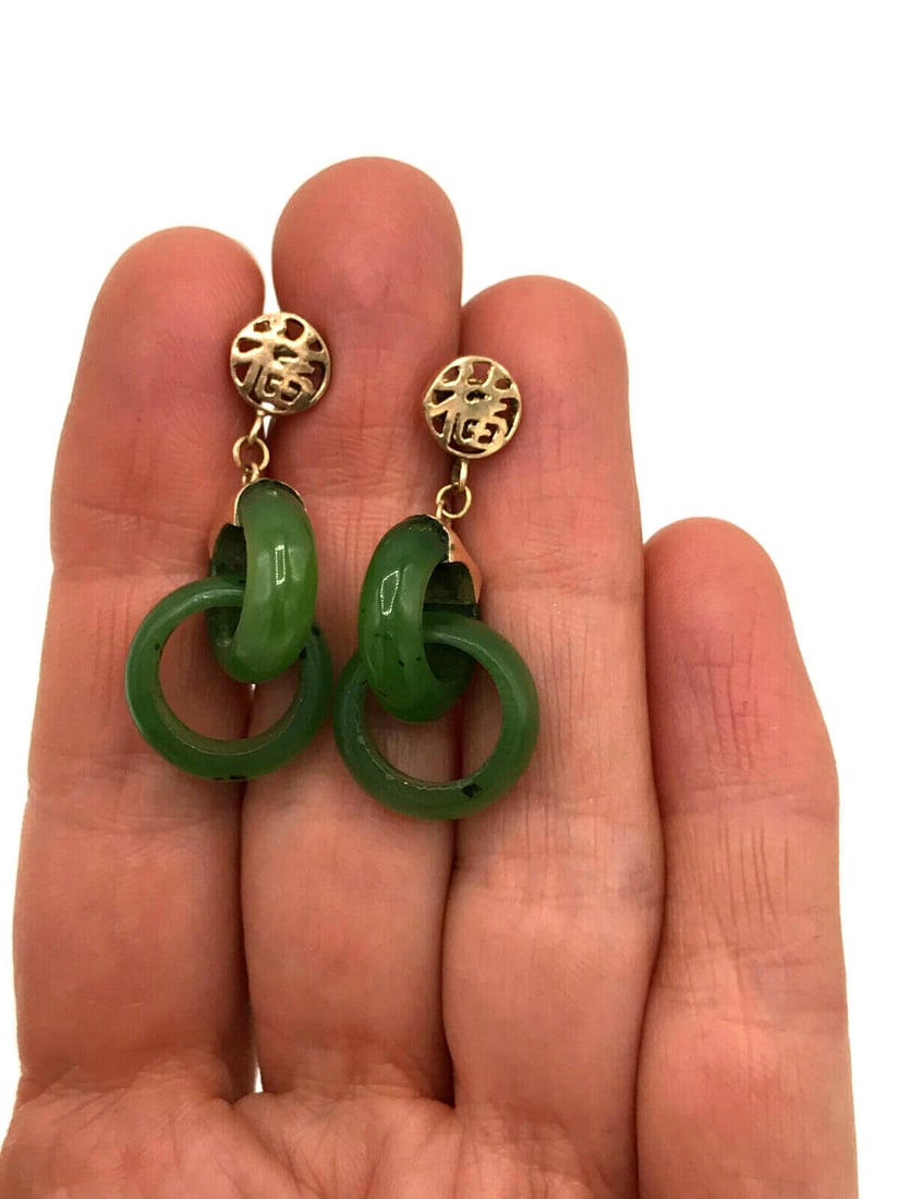Vintage 14k Yellow Gold Jade Earrings - 7