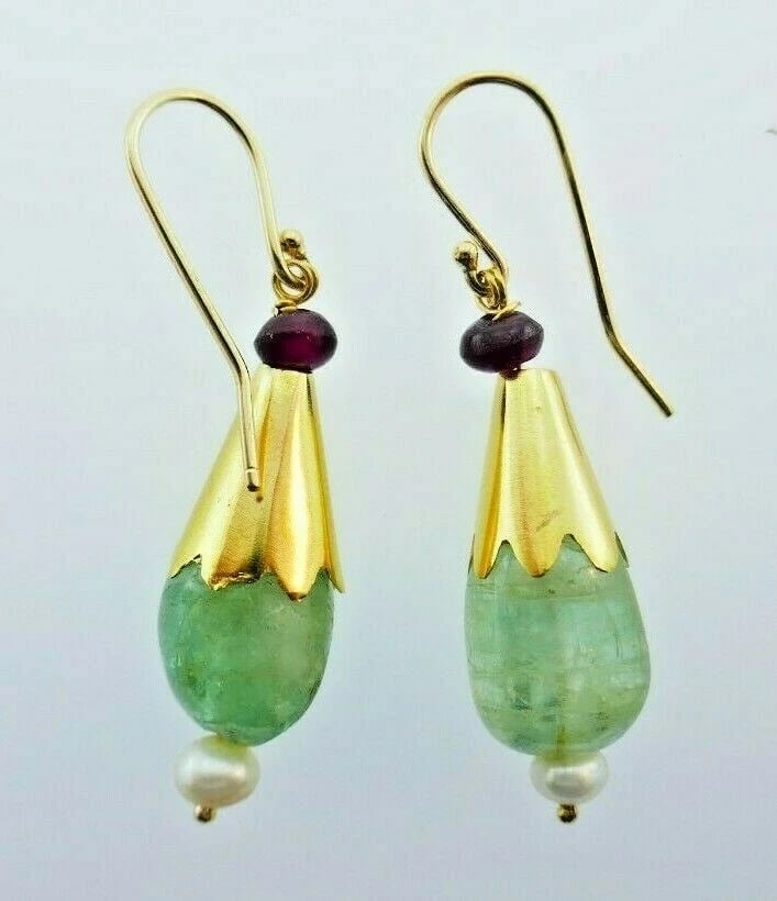 VINTAGE 18k Yellow Gold, Cabochon Emerald, Tourmaline & Pearl Drop Earrings - 2