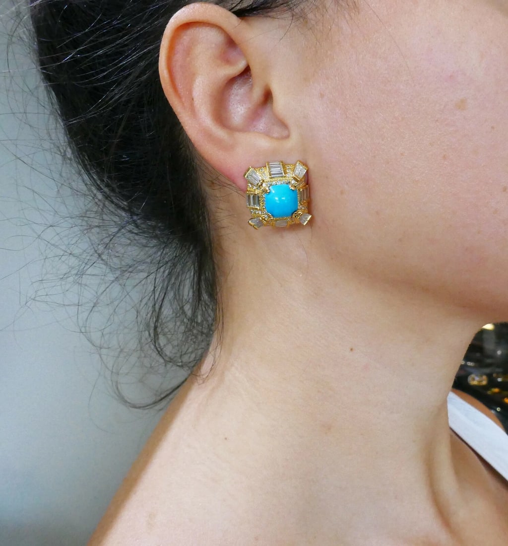 Turquoise Diamond Yellow Gold EARRINGS - 2