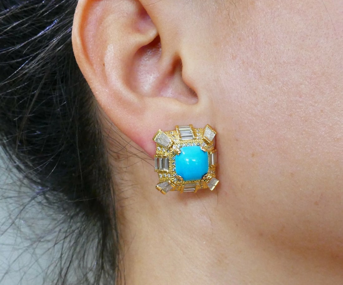 Turquoise Diamond Yellow Gold EARRINGS - 3