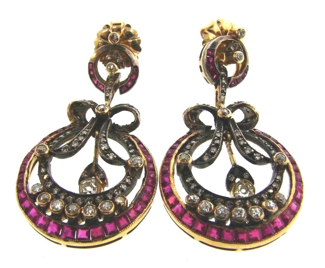 Circa 1950s Victorian Revival 14k Yellow Gold, Silver, Diamond & Ruby Earrings (1 of 4)