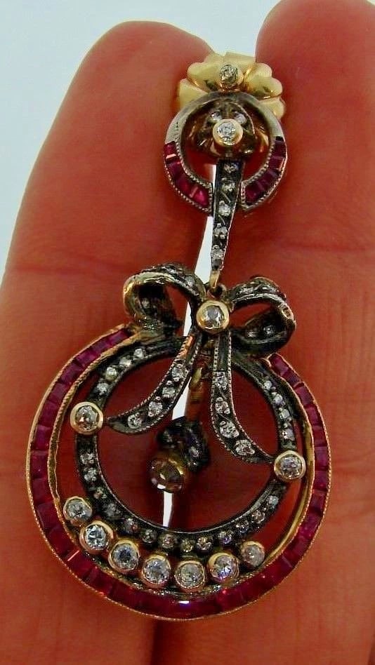 Circa 1950s Victorian Revival 14k Yellow Gold, Silver, Diamond & Ruby Earrings - 3