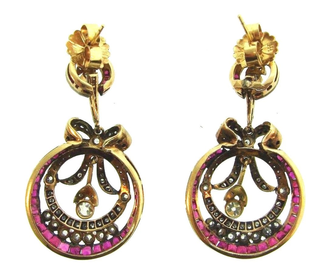 Circa 1950s Victorian Revival 14k Yellow Gold, Silver, Diamond & Ruby Earrings - 4