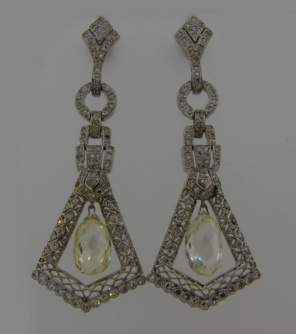 Diamond Briolette White Gold Dangle EARRINGS 1930s Feminine - 2
