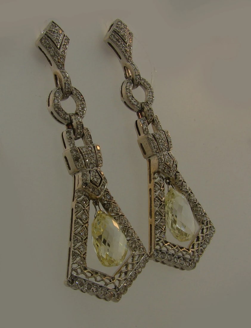 Diamond Briolette White Gold Dangle EARRINGS 1930s Feminine - 3