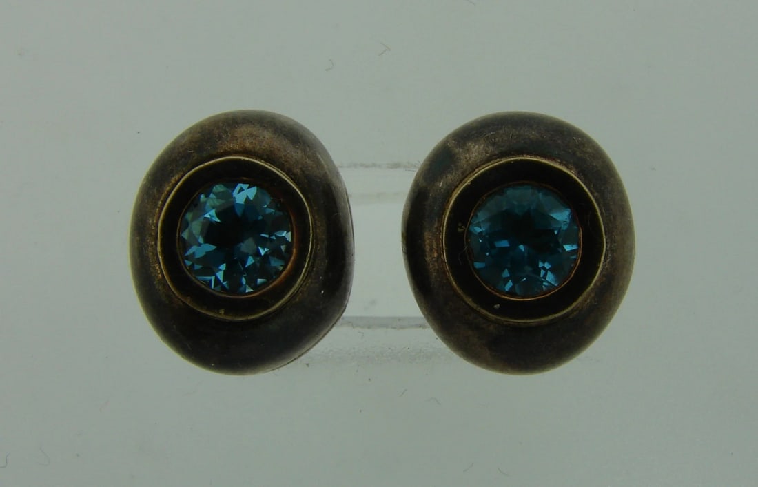 Lovely BLUE TOPAZ SILVER YELLOW GOLD STUD EARRINGS STUDS Signed Unusual Chic - 2