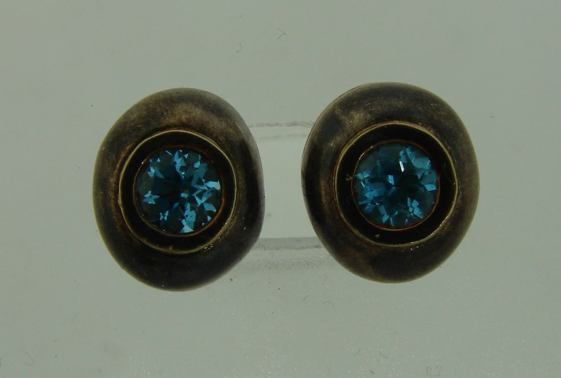 Lovely BLUE TOPAZ SILVER YELLOW GOLD STUD EARRINGS STUDS Signed Unusual Chic - 3