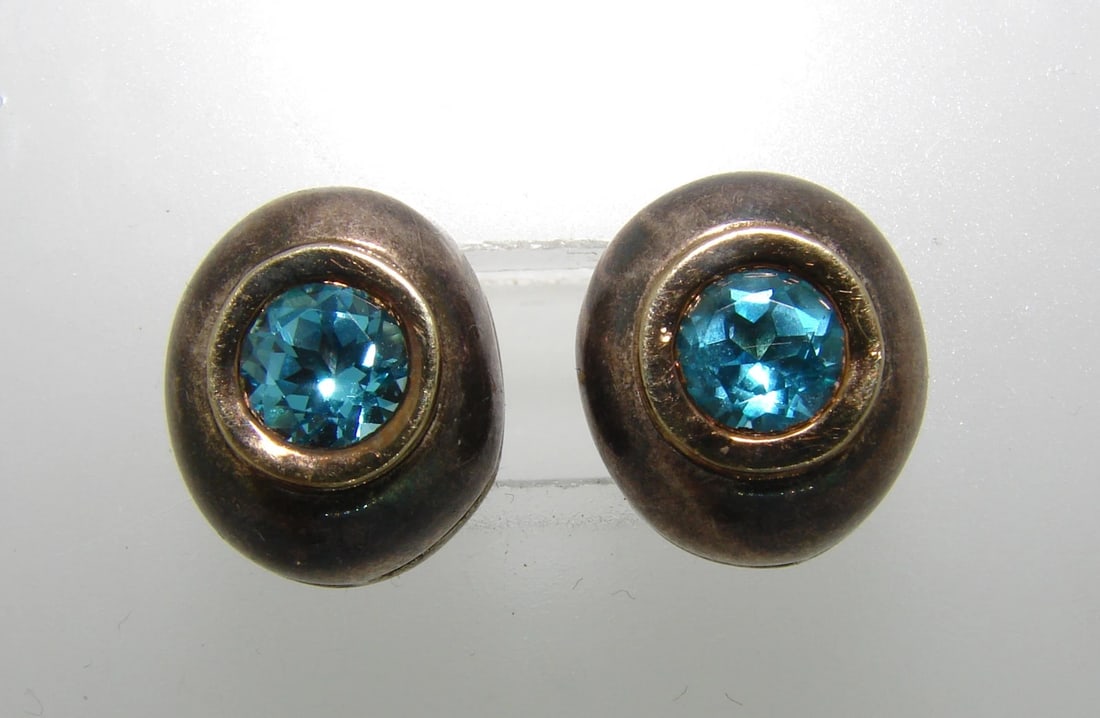 Lovely BLUE TOPAZ SILVER YELLOW GOLD STUD EARRINGS STUDS Signed Unusual Chic - 4