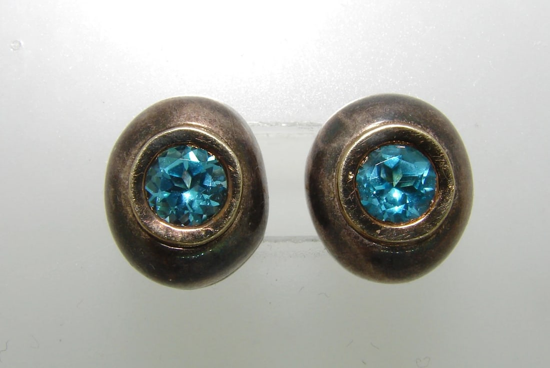 Lovely BLUE TOPAZ SILVER YELLOW GOLD STUD EARRINGS STUDS Signed Unusual Chic - 5