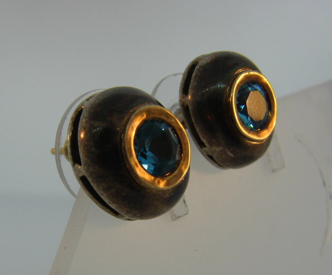 Lovely BLUE TOPAZ SILVER YELLOW GOLD STUD EARRINGS STUDS Signed Unusual Chic - 6
