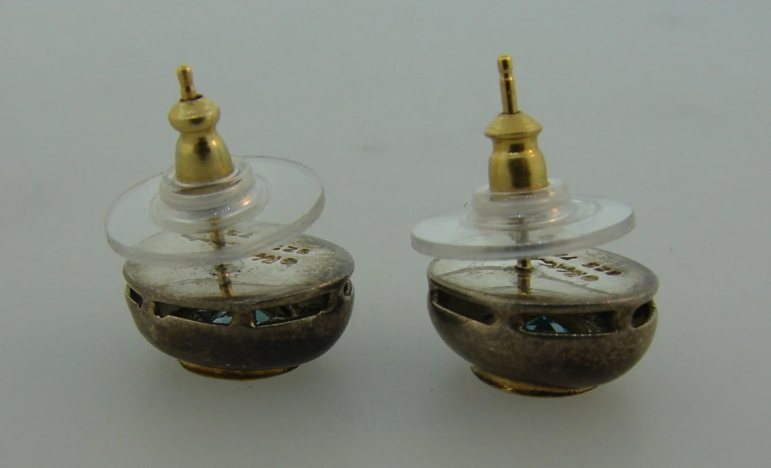 Lovely BLUE TOPAZ SILVER YELLOW GOLD STUD EARRINGS STUDS Signed Unusual Chic - 7