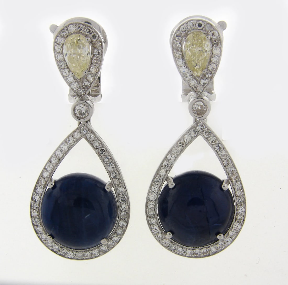 Stunning 39.31 cts CABOCHON BLUE SAPPHIRE 4.14 cts DIAMOND WHITE GOLD EARRINGS - 3