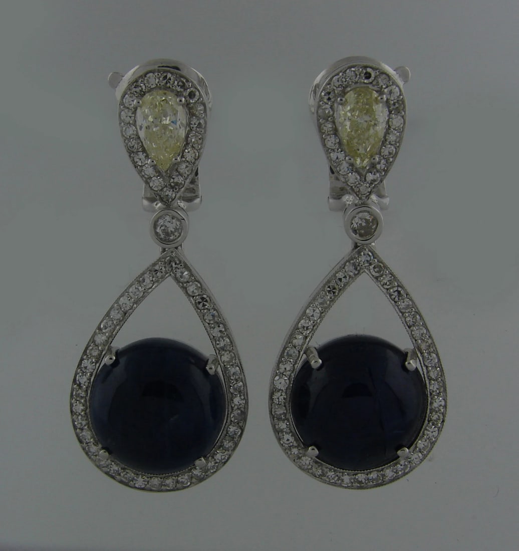 Stunning 39.31 cts CABOCHON BLUE SAPPHIRE 4.14 cts DIAMOND WHITE GOLD EARRINGS - 5