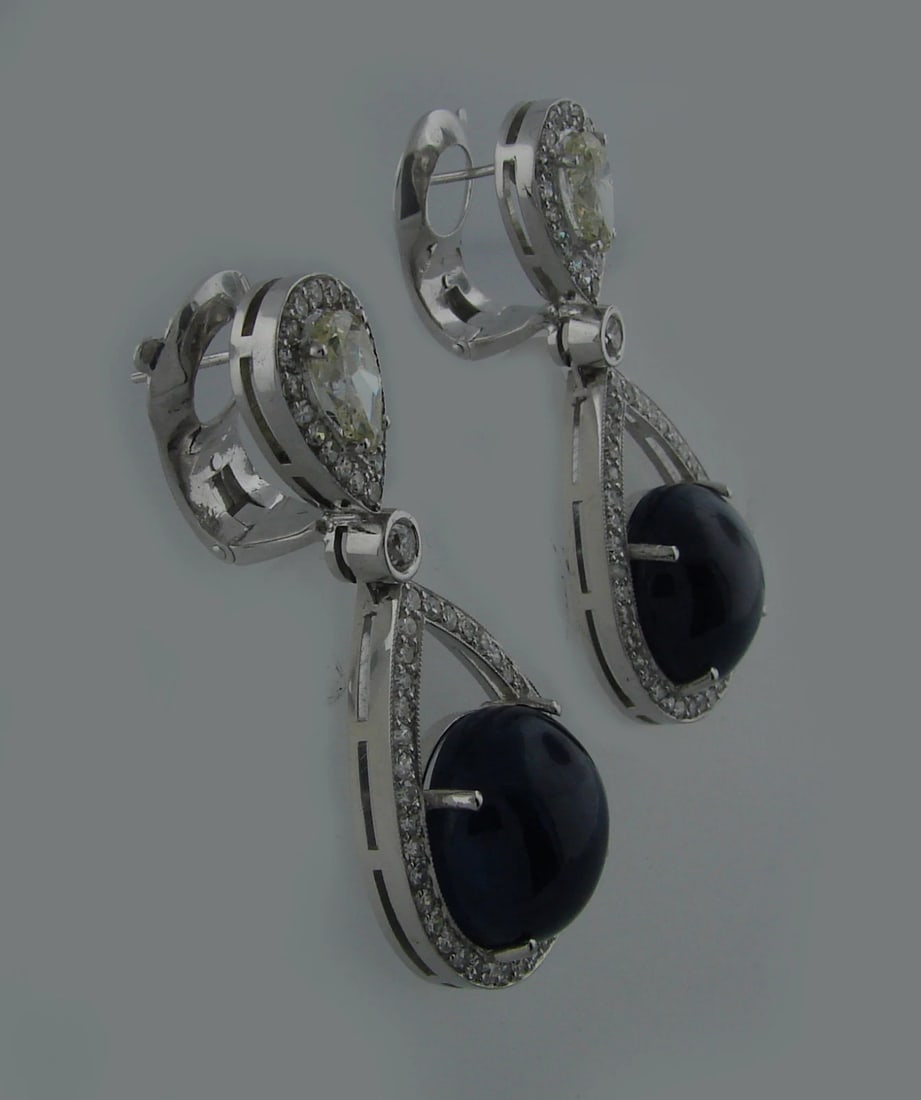 Stunning 39.31 cts CABOCHON BLUE SAPPHIRE 4.14 cts DIAMOND WHITE GOLD EARRINGS - 6