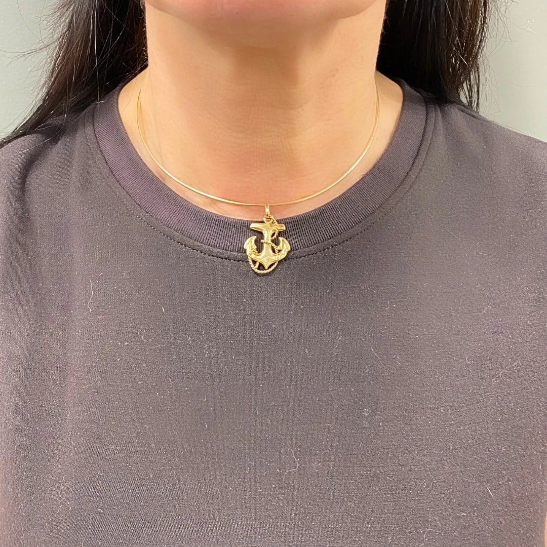 14k Gold Anchor Pendant Wire Choker Necklace - 3