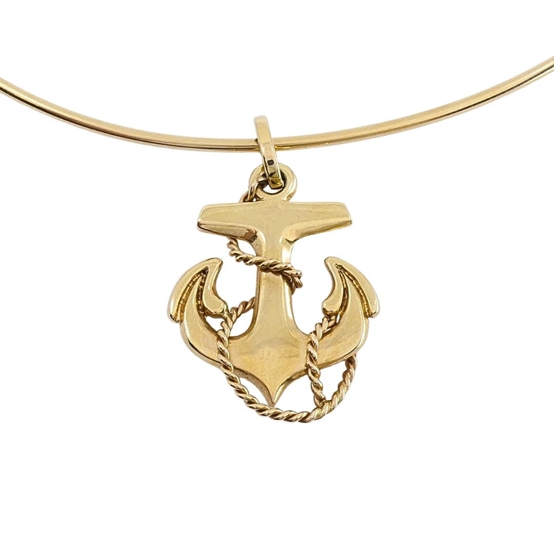 14k Gold Anchor Pendant Wire Choker Necklace - 4