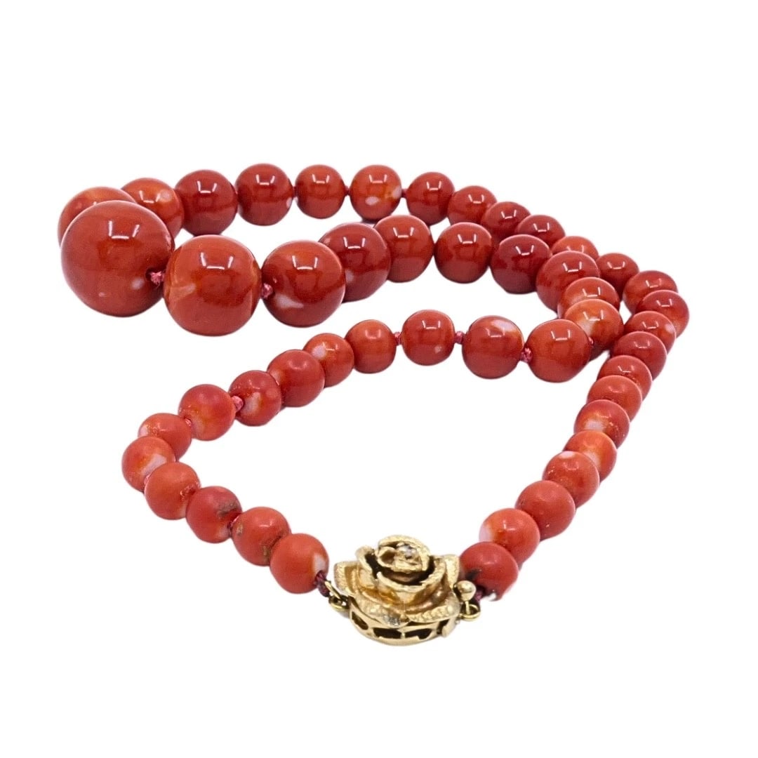 Vintage Graduated Red Coral Bead Necklace 14k Gold Diamond Rose Clasp - 7