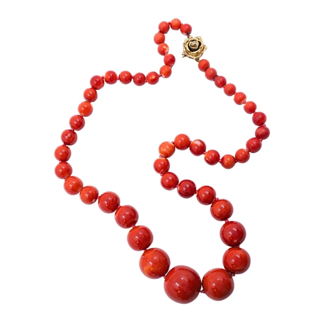 Vintage Graduated Red Coral Bead Necklace 14k Gold Diamond Rose Clasp - 8