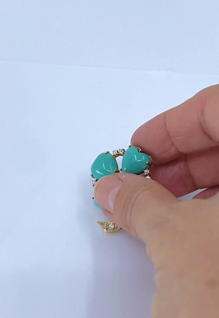 Vintage 14k Gold Turquoise Heart Clover Pendant with Diamonds - 2