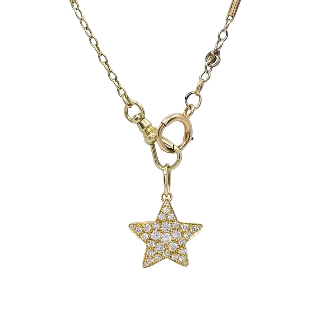 14k Gold Diamond Pave Star Pendant on Antique Bar-Link Chain - 4