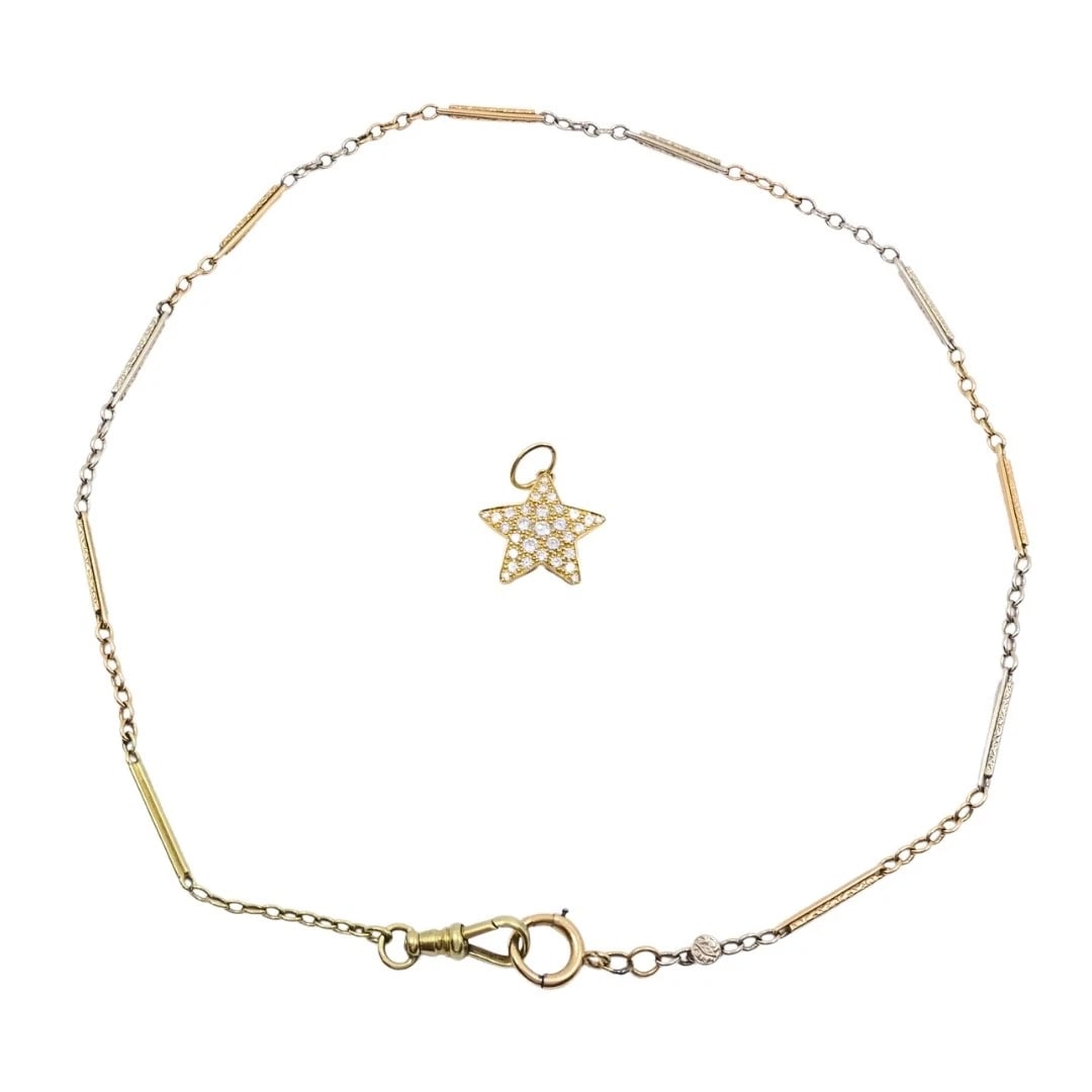 14k Gold Diamond Pave Star Pendant on Antique Bar-Link Chain - 9