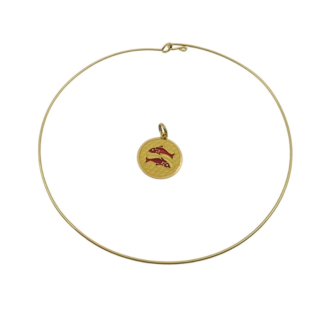 Vintage 18k Gold Red Enamel Pisces Zodiac Medallion Pendant Necklace - 5