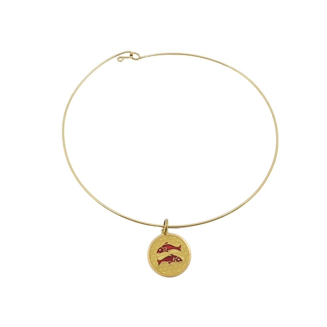 Vintage 18k Gold Red Enamel Pisces Zodiac Medallion Pendant Necklace - 6