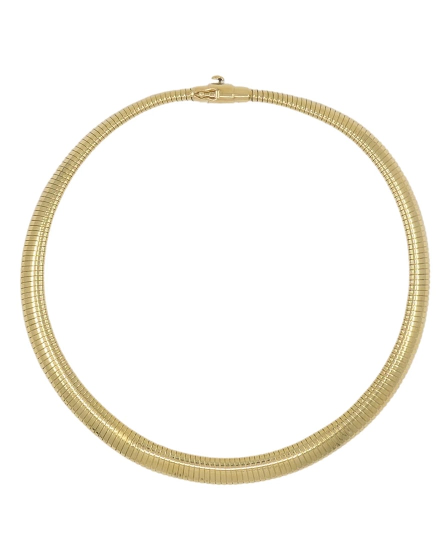 Forstner 14k Gold Necklace Tubogas Style: Title: Forstner 14k Gold Necklace Tubogas Style Description: NS GTOO This vintage Forstner 14k gold necklace features the classic yellow gold tubogas style necklace design. The flexible, ribbed