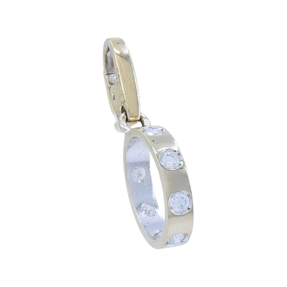 Cartier Diamond Love Pendant Charm In 18k White Gold: Title: Cartier Diamond Love Pendant Charm In 18k White Gold Description: KL JTOO This Cartier diamond Double C logo charm pendant is crafted in 18k white gold and features the Maison's iconic interloc