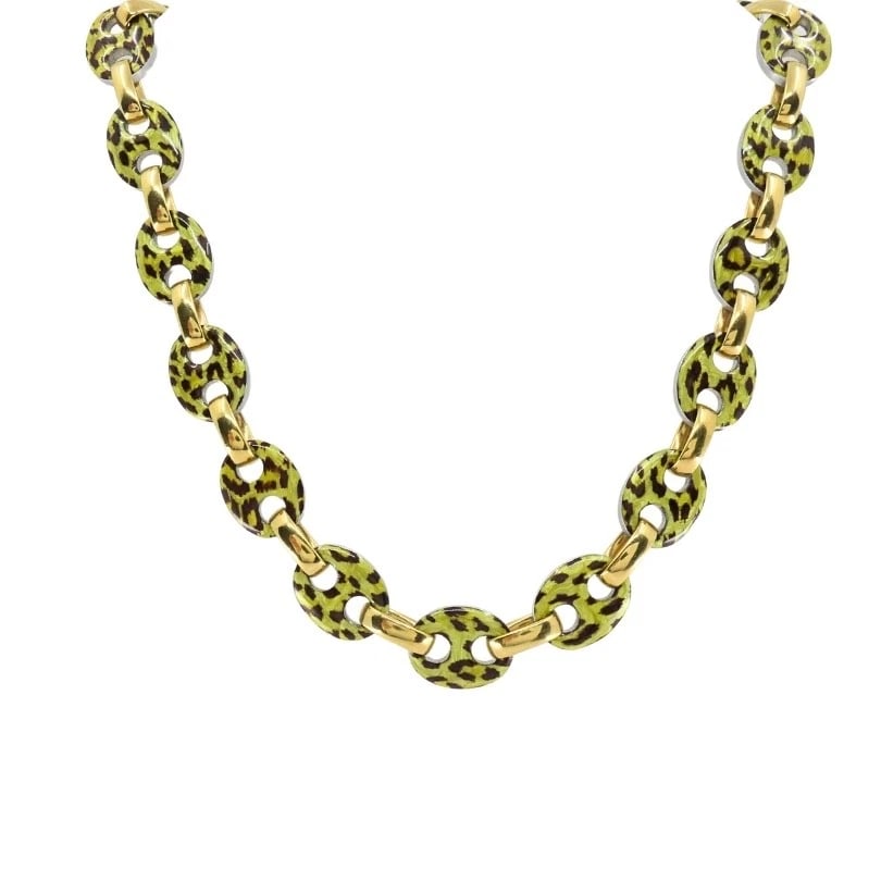 Nicolis Cola for Nardi 18k Gold, Metal Leopard Enamel Nautical Link Necklace: Title: Nicolis Cola for Nardi 18k Gold, Metal Leopard Enamel Nautical Link Necklace Description: ES IITO Product details: DESIGNER: Nicolis Cola for Nardi CIRCA: Late 20th Century MATERIALS: 18K Gold 
