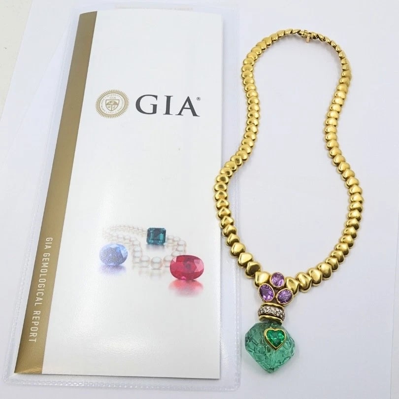 Andre Vassort 18k Gold Colombian Emerald Heart Necklace Sapphire Diamond GIA - 12