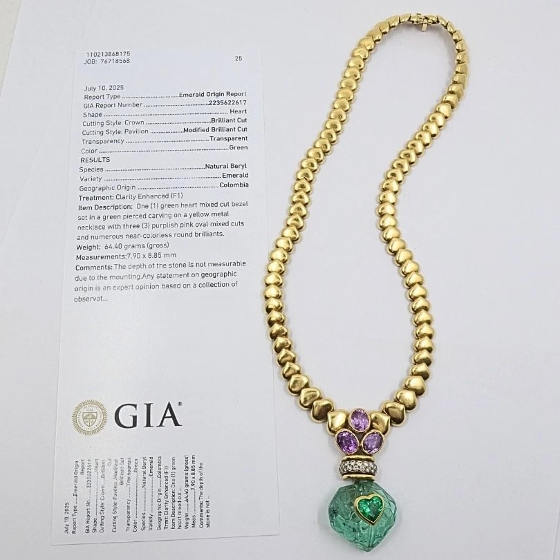 Andre Vassort 18k Gold Colombian Emerald Heart Necklace Sapphire Diamond GIA - 13