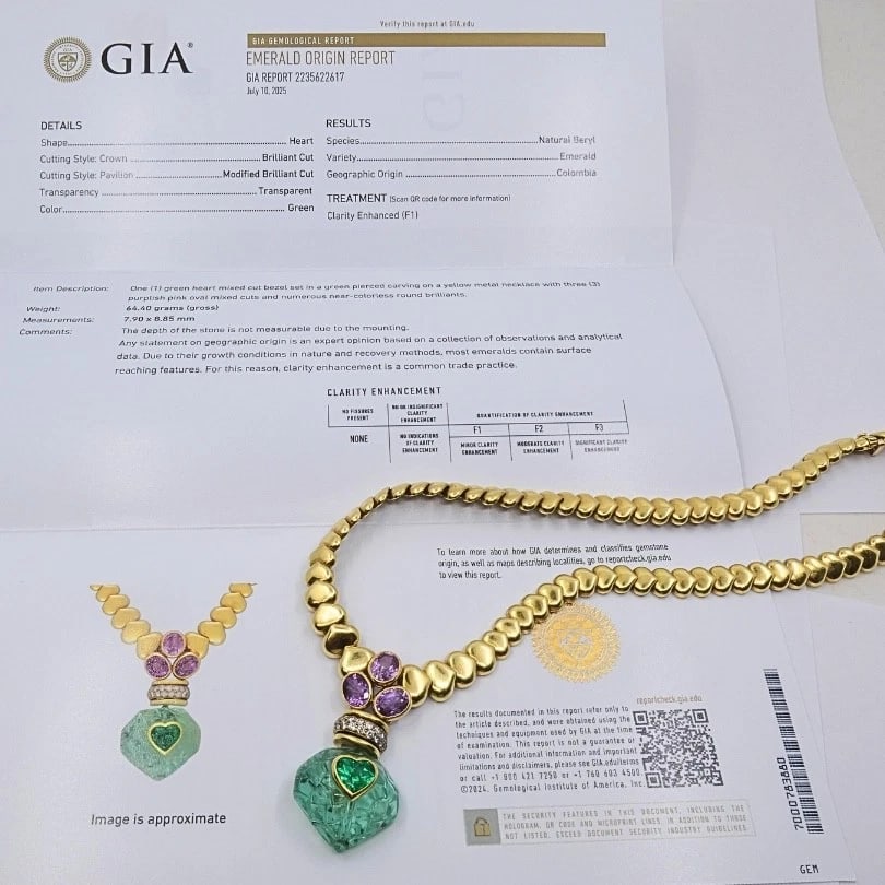 Andre Vassort 18k Gold Colombian Emerald Heart Necklace Sapphire Diamond GIA - 14