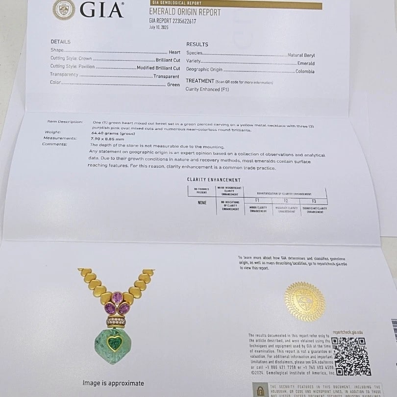 Andre Vassort 18k Gold Colombian Emerald Heart Necklace Sapphire Diamond GIA - 15
