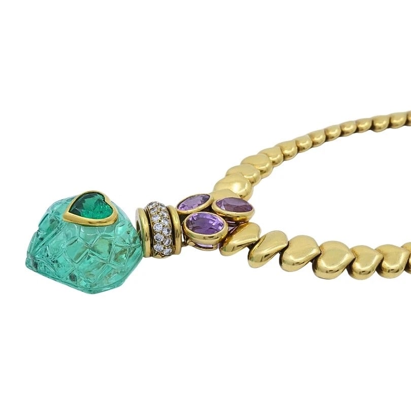 Andre Vassort 18k Gold Colombian Emerald Heart Necklace Sapphire Diamond GIA - 7