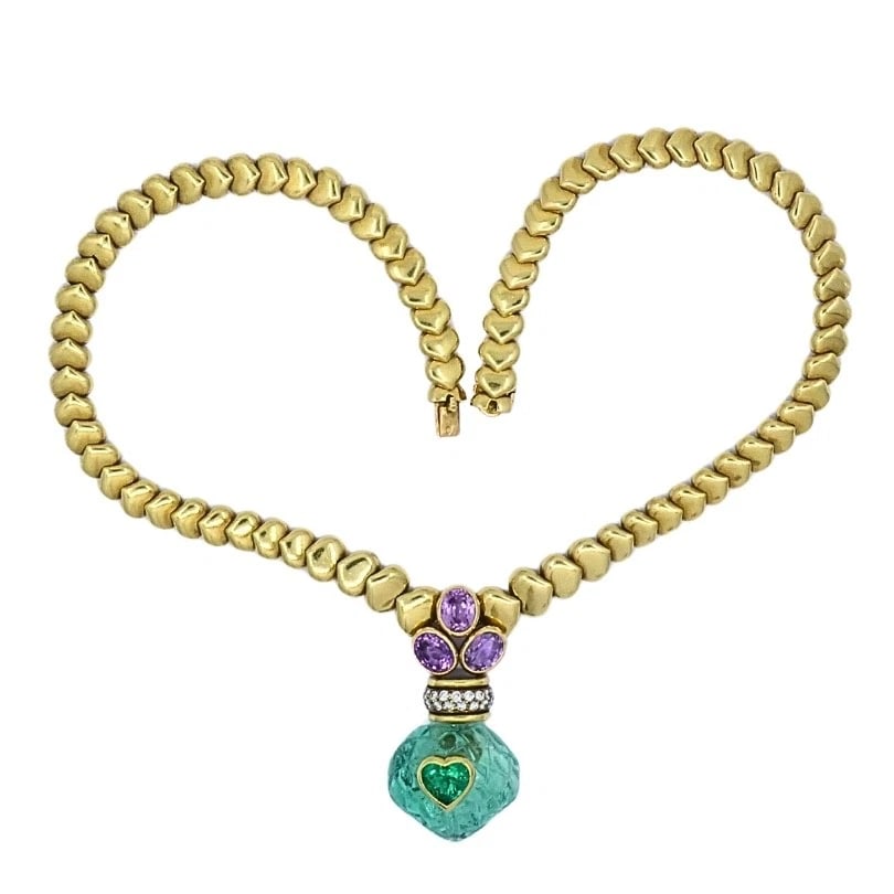 Andre Vassort 18k Gold Colombian Emerald Heart Necklace Sapphire Diamond GIA - 9