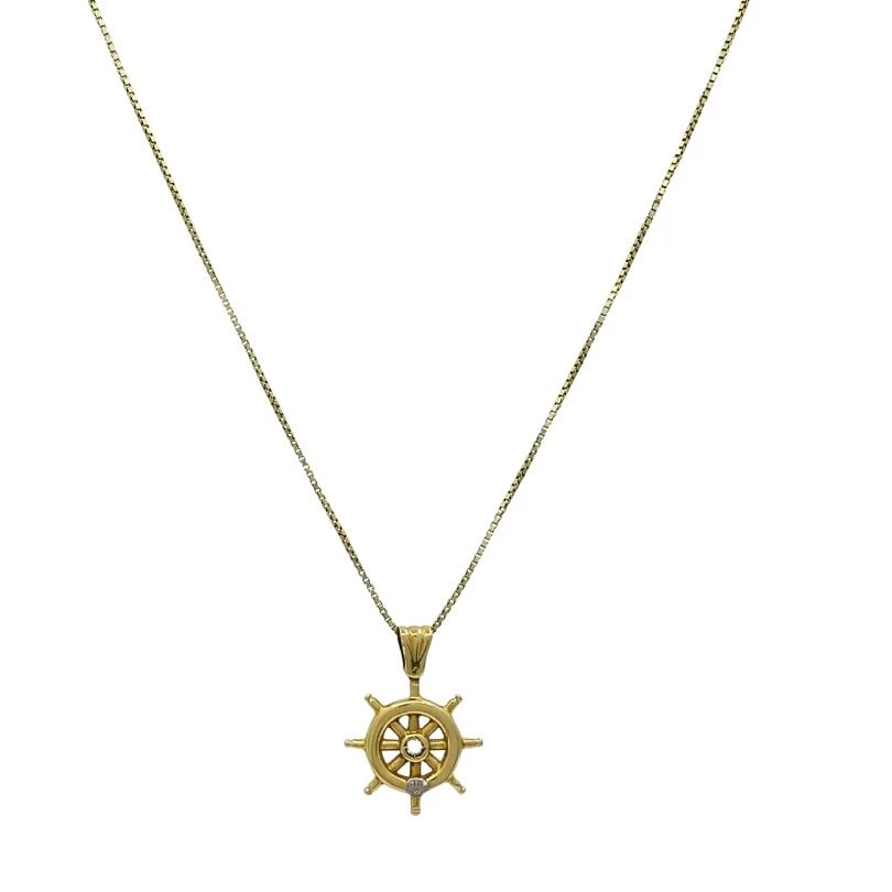 14K Gold Nautical Wheel Pendant Necklace Diamond Accent: Title: 14K Gold Nautical Wheel Pendant Necklace Diamond Accent Description: ES JOOO Product details: MATERIALS: 14k Gold GEMSTONE: Diamond WEIGHT: 8 Grams MEASUREMENTS: Pendant - 7/8" Chain - 15" HALL