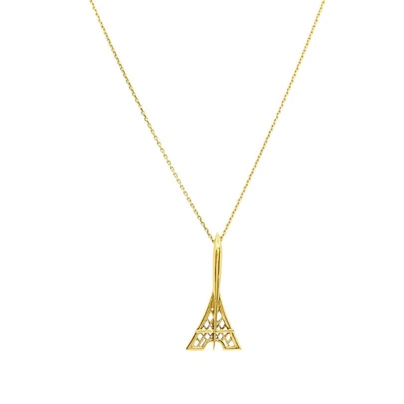 Fred Paris 18K Gold Eiffel Tower Pendant Necklace: Title: Fred Paris 18K Gold Eiffel Tower Pendant Necklace Description: ES JGOO Product details: DESIGNER: Fred MATERIALS: 18K Gold WEIGHT: 6.6 Grams MEASUREMENTS: Chain - 15" Pendant - 1 1/2" HALLMARKS