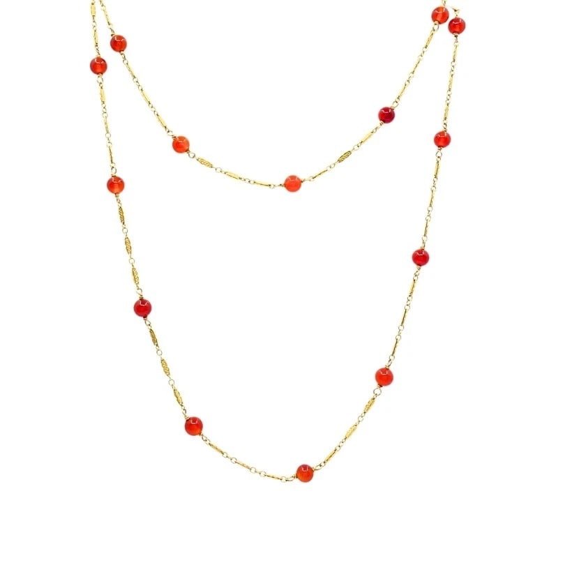 Vintage 14k Gold Carnelian Bead Necklace: Title: Vintage 14k Gold Carnelian Bead Necklace Description: ES ETO Product details: MATERIALS: 14k Gold GEMSTONE: Carnelian WEIGHT: 10 Grams MEASUREMENTS: Length - 29" ITEM DETAILS: Vintage 14k Gold