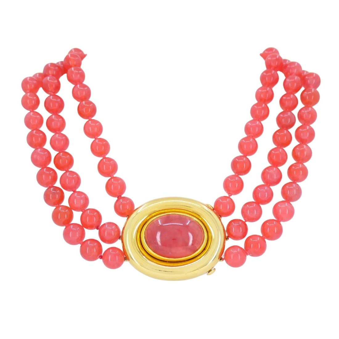Vintage Paloma Picasso Tiffany & Co. 18k Gold Pink Rhodochrosite Beaded Necklace: Title: Vintage Paloma Picasso Tiffany & Co. 18k Gold Pink Rhodochrosite Beaded Necklace Description: KL ETOO This vintage Tiffany & Co. Paloma Picasso necklace features three strands of polished pink 