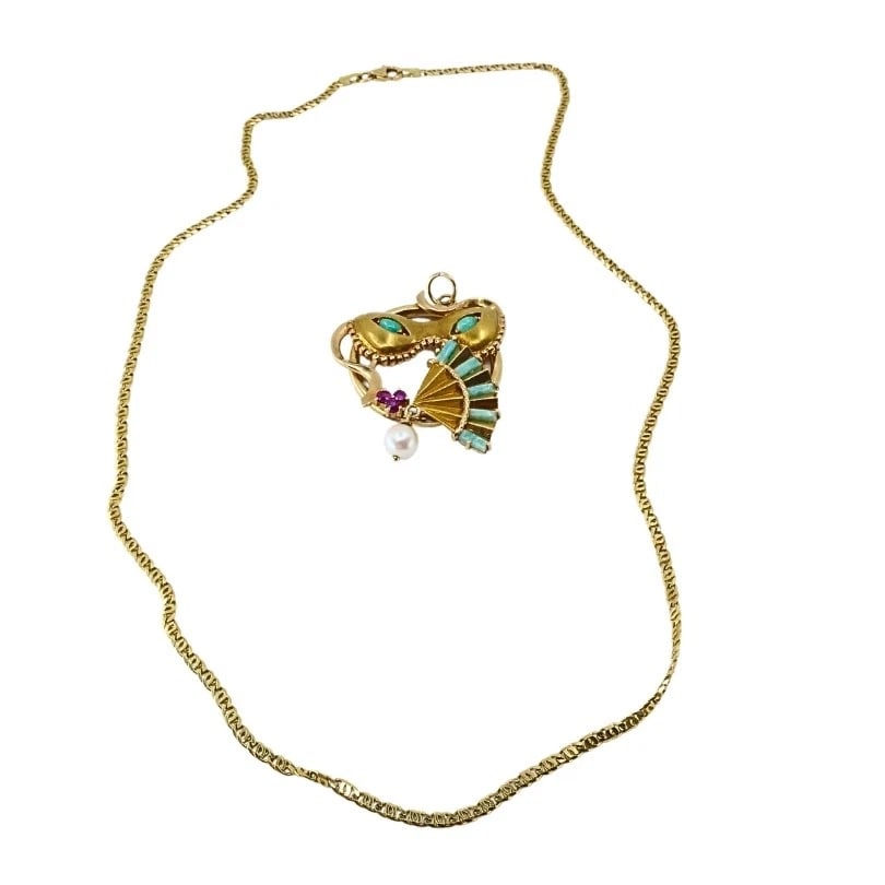 Vintage 14k Gold Masquerade Pendant 18k Gold Chain Necklace - 10