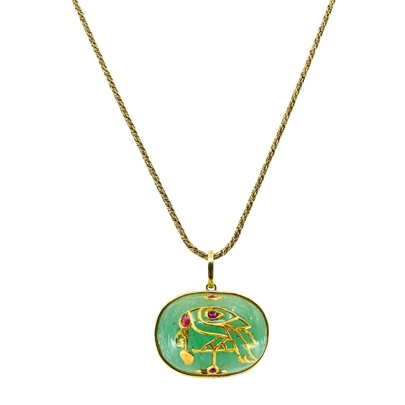 1930's Yellow Gold, Carved Emerald and Ruby Pendant Chain Necklace (1 of 10)