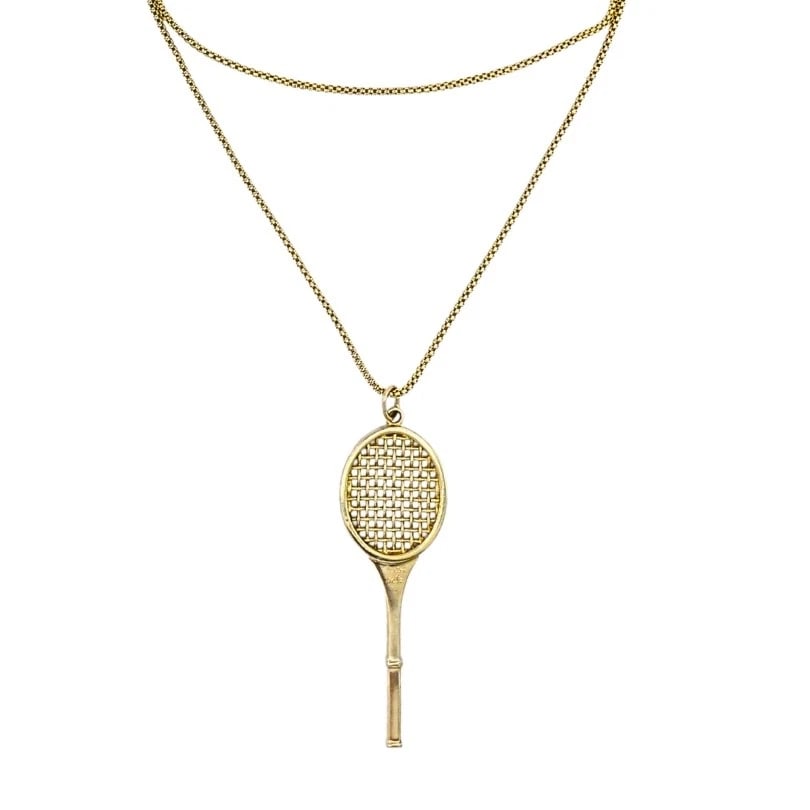 Vintage Cartier 14k Gold Tennis Racket Pendant & 14k Chain (Unsigned) Necklace: Title: Vintage Cartier 14k Gold Tennis Racket Pendant & 14k Chain (Unsigned) Necklace Description: ES UTOO Product details: DESIGNER: Cartier CIRCA: Late 20th Century MATERIALS: 14k Gold WEIGHT: Penda