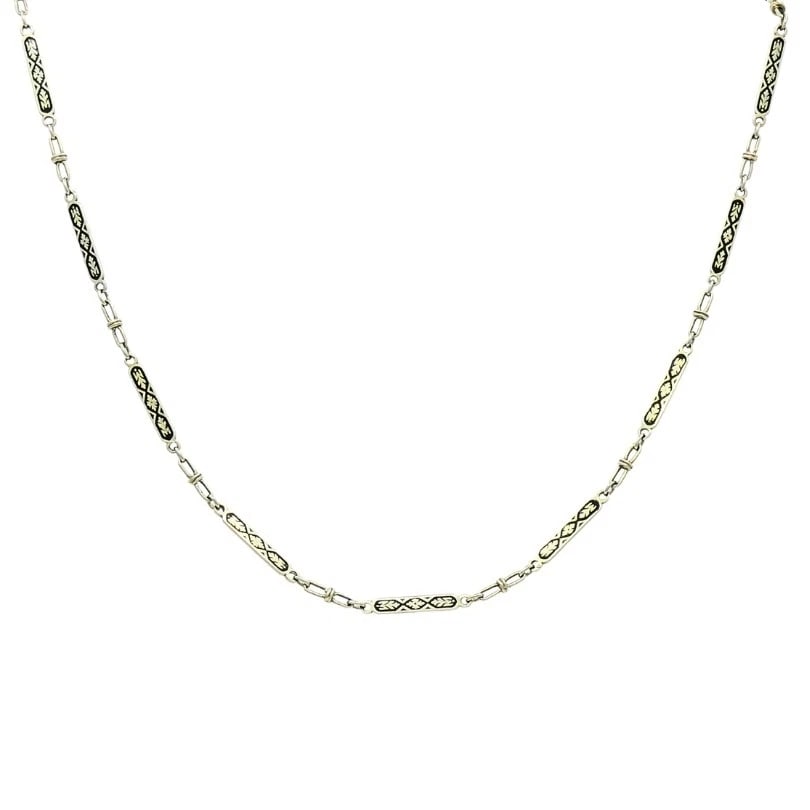 14k White Gold Chain Necklace Black Enamel: Title: 14k White Gold Chain Necklace Black Enamel Description: ES JUOO Product details: DESIGNER: Unknown CIRCA: 1900s MATERIALS: 14k Gold, Enamel WEIGHT: 11.4 Grams MEASUREMENTS: 16 1/2" x 1/8" HALLM