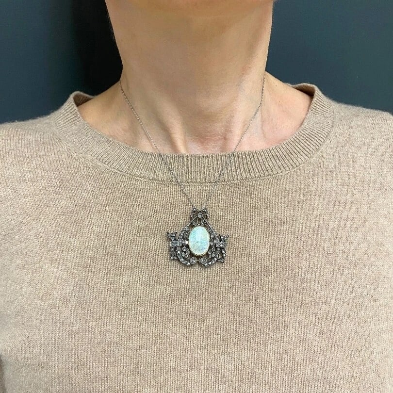 Vintage Opal Diamond Pendant 10k Gold Silver and 18k Gold Chain - 3