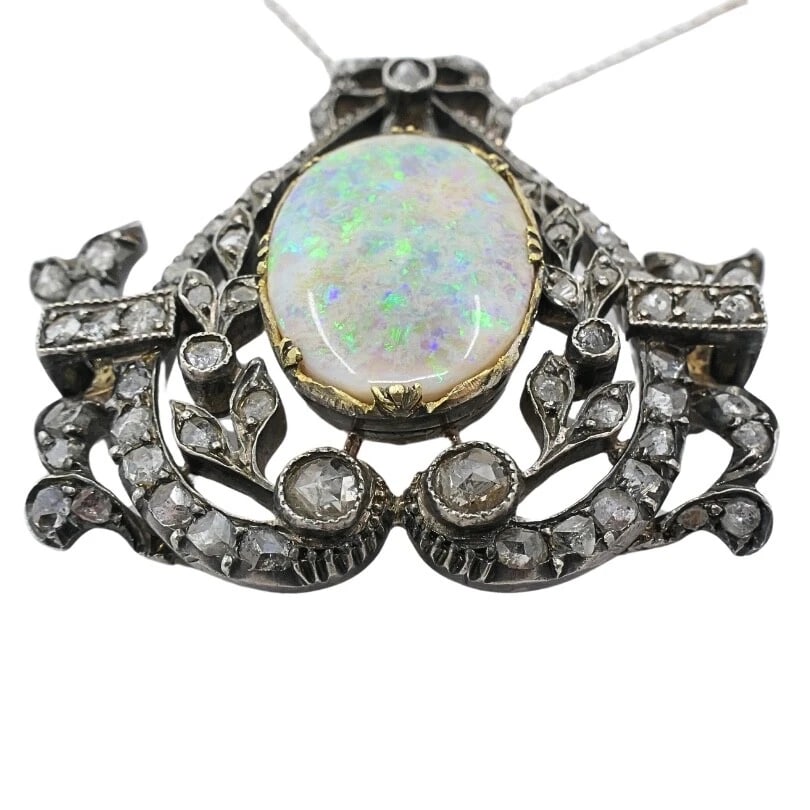 Vintage Opal Diamond Pendant 10k Gold Silver and 18k Gold Chain - 6