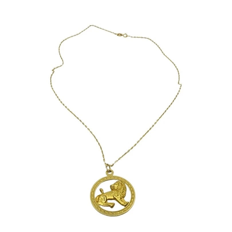 Vintage Leo Zodiac 18k Gold Pendant 14k Gold Chain Necklace - 4