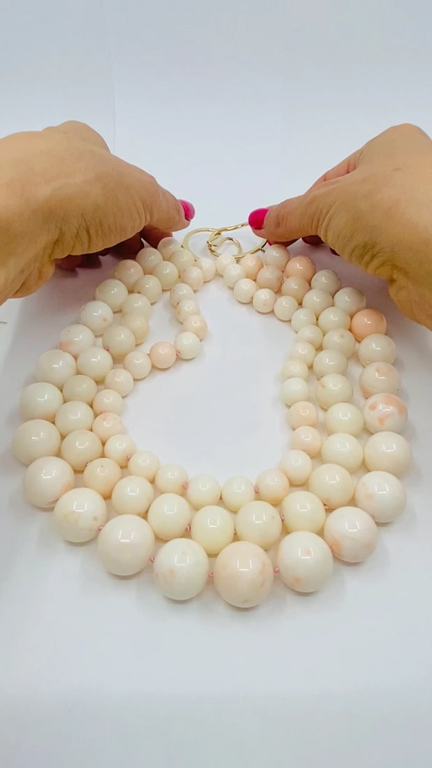 Angel Skin Coral Triple Strand Necklace 14K Gold - 2